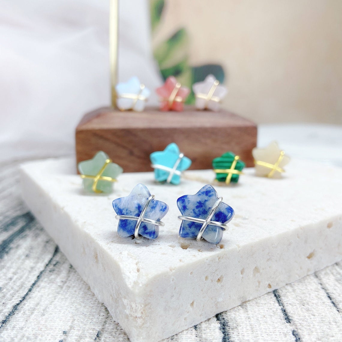 Star Wire Wrapped Gemstone Stud Earrings, Star Natural Stone Stud Earrings, Star Gemstone Earrings, Surgical Steel Gemstone Earrings